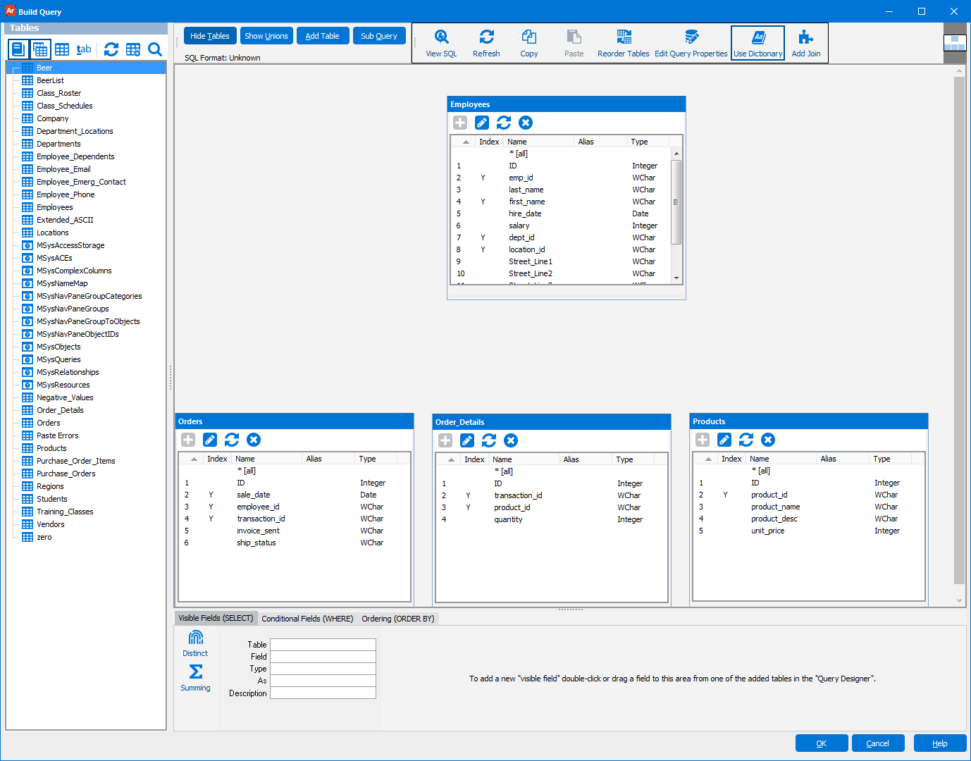 Build Query dialog box with all of the necessary database tables selected.